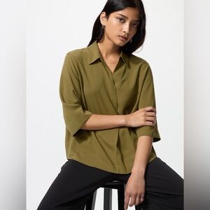 Rayon Skipper Collar Blouse, Olive, Large | 3/4 Sleeve